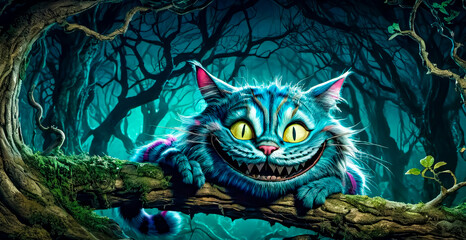 Cheshire Mysterious cat in the forest. Fantasy illustration