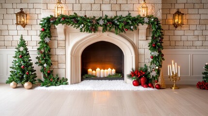 Elegant holiday decor featuring a fireplace adorned with greenery, candles, and festive ornaments, creating a warm and inviting atmosphere.