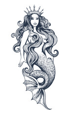 Beauty Mermaid with a Crown on Her Head Engraving Tattoo isolated on White Background Vector Illustration
