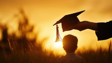 A child watching a graduation cap being thrown at sunset, symbolizing achievement and future possibilities.