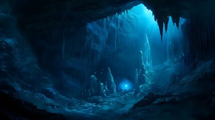 A mesmerizing underground cavern with intricate stalactites and stalagmites bathed in blue light.