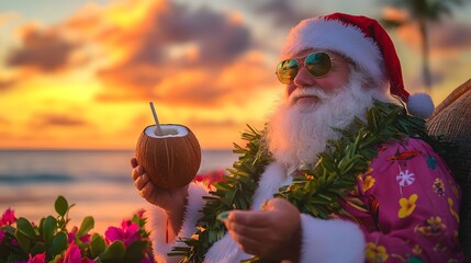 At sunset by the beach, Santa Claus, in sunglasses and a lei, enjoys a refreshing coconut drink, merging holiday spirit with tropical vibes.