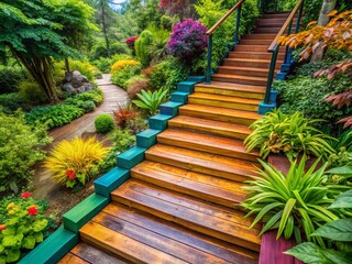Beautiful Wooden Steps in a Lush Garden Setting Enhancing Outdoor Pathways and Natural Aesthetics for Your Home