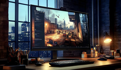 Fototapeta premium Modern Workspace with Large High-Definition Monitor