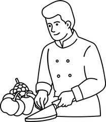 A cheif man chopping vegetables line drawing using a knife on a chopping board. Cooking outline vector and line art illustration design.