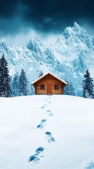Cozy cabin in snowy landscape with mountains and footprints in the snow