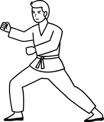 An one man continuous line drawing karateka fighter in kimono practicing karate kick combat. Karateka sport single line art illustration. Karate outline design.