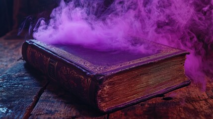 a magical book with purple smoke fantasy