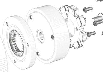 Rotor, stator and other parts on a white background.