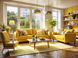 Fototapeta premium Bright and Cheerful Living Rooms Featuring Stylish Yellow Couches for a Vibrant Home Decor Inspiration
