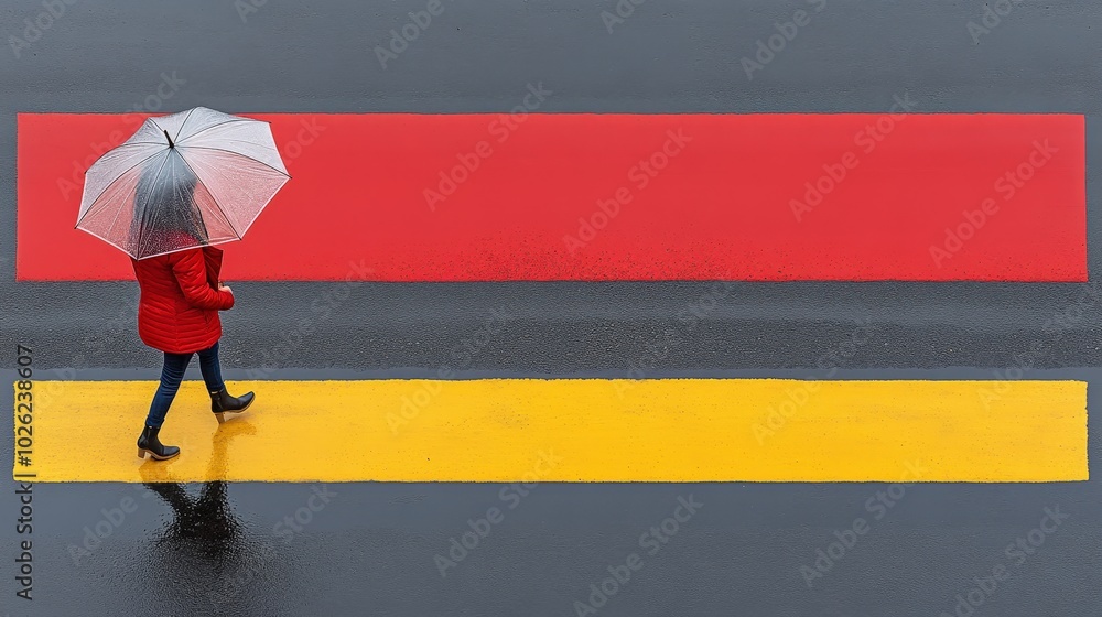 Wall mural illustration of a woman with an umbrella standing on colorful thick stripes on the asphalt