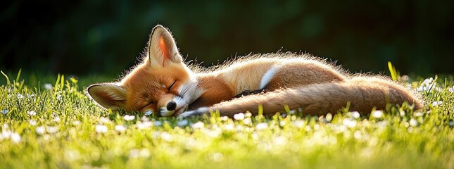 A red fox kit naps peacefully on a bed of green grass, its fluffy tail curled around its body.