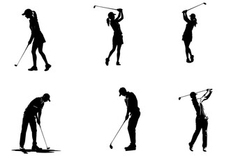 Naklejka premium people playing golf in various poses isolated vector silhouette on white background