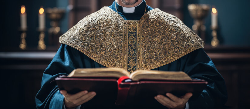 Close-Up of a Priest Holding the Bible in a Church Setting