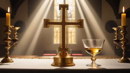  Golden Cross and Chalice in a Medieval Church