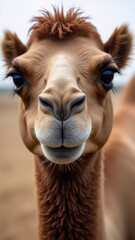 Obraz premium A captivating close-up of a friendly camel's face, showcasing its expressive eyes and unique features, embodying the charm of desert wildlife and the beauty of nature in a serene outdoor environment