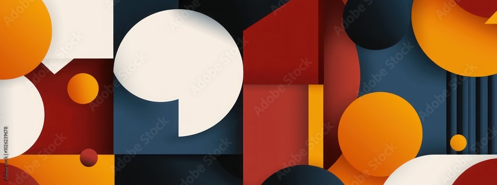 Poster abstract geometric pattern with overlapping circles, rectangles, and a large white shape with a curv