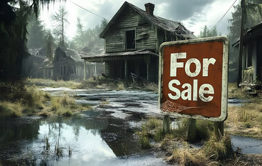 Abandoned House with For Sale Sign in Overgrown Landscape