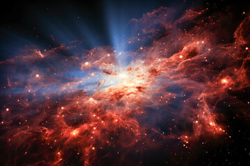 Bright fiery nebula and cosmic clouds in deep space