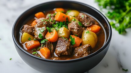 A hearty beef stew in a black ceramic bowl, showcasing tender meat chunks and colorful vegetables garnished with parsley, embodying comfort food aesthetics against a white marble tabletop.
