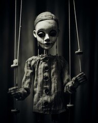 Creepy Vintage Puppet in Dark Shadowy Light - Made with Generative AI