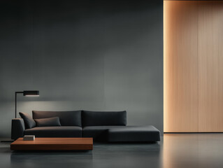 Modern living room with sleek furniture and soft lighting in contemporary design