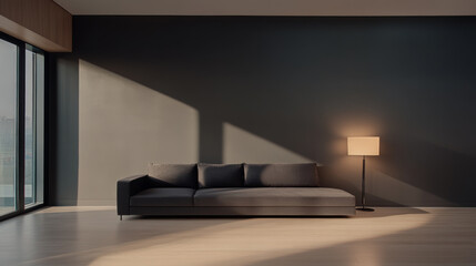 Modern living room featuring a sleek sofa, lamp, and large windows in bright natural light