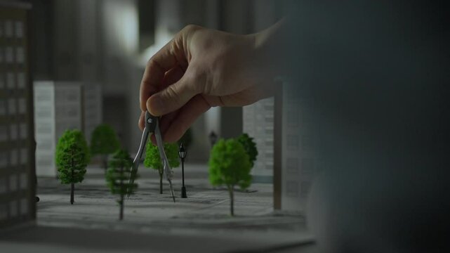 A hand carefully holds a compass above a miniature model of an urban landscape, meticulously placing trees among arranged buildings in the design process, showcasing attention to detail