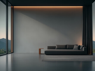 Contemporary living room with large windows and minimalist design in a serene mountain setting