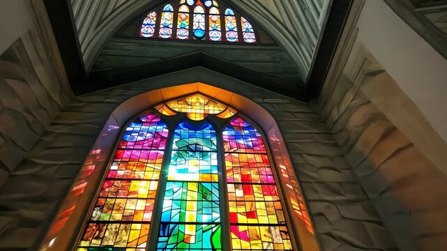 A large, stained glass window inside a church in the afternoon sun