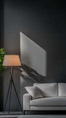Modern living room with a stylish floor lamp casting shadows on a dark wall in soft light