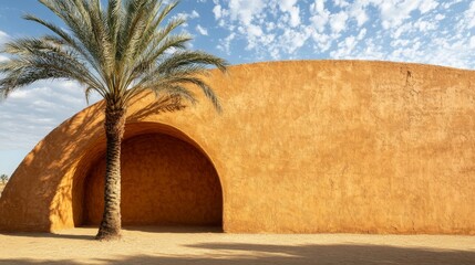 Palm Tree Standing Beside a Curved Ochre Wall with an Archway
