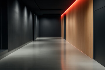 Modern hallway with sleek black walls and warm wood accents illuminated by red light