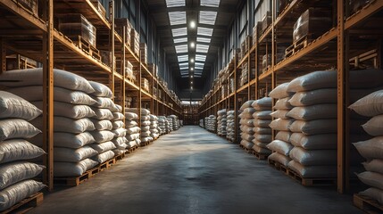 An industrial warehouse filled with stacks of fertilizer bags on wooden pallets, featuring long aisles and high shelving units, capturing the essence of agricultural supply storage.