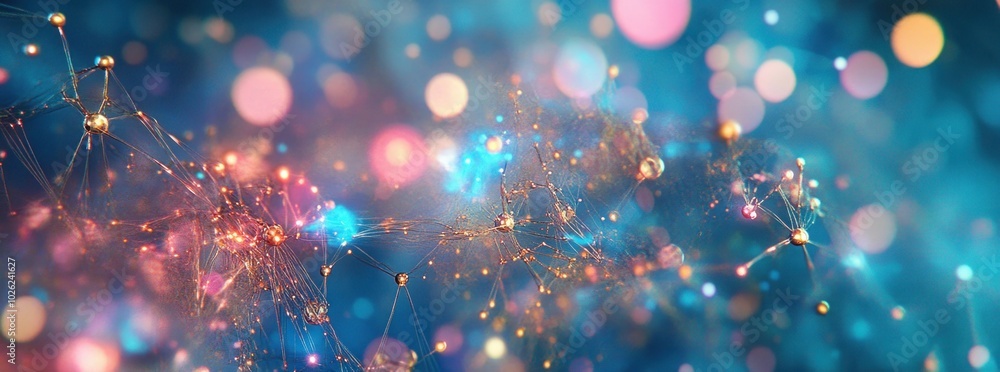 Poster abstract glowing network of lines and nodes, with blurred bokeh lights in the background.