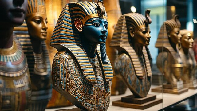 A row of golden Egyptian pharaoh statues stand in a museum exhibit