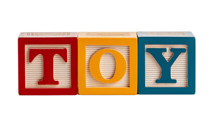 A set of alphabet building blocks spelling TOY against a white background on transparent background
