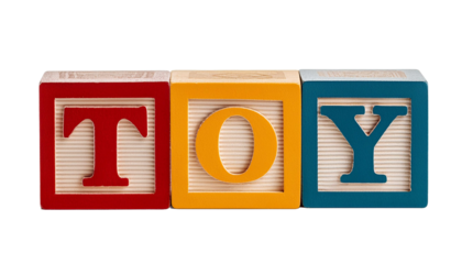 A set of alphabet building blocks spelling TOY against a white background on transparent background