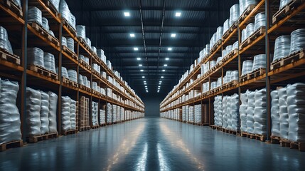 Fototapeta premium An industrial warehouse filled with stacks of fertilizer bags on wooden pallets, featuring long aisles and high shelving units, capturing the essence of agricultural supply storage.