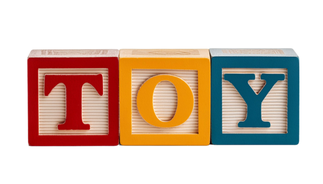 A set of alphabet building blocks spelling TOY against a white background on transparent background