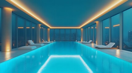 A luxurious indoor swimming pool with modern architecture, featuring floor-to-ceiling windows and illuminated blue water, a tranquil atmosphere of contemporary luxury at night.