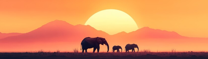Fototapeta premium Elephants silhouette against a vibrant sunset landscape.