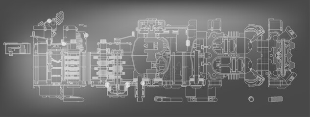 Mechanical engineering drawings on a gray background.