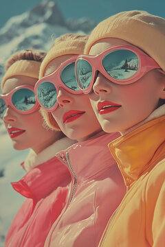 vintage portrait of beautiful women on the ski resort in the mountains 