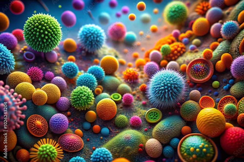 Poster close-up of bacteria under microscope, revealing intricate structures and diverse forms in a stunnin