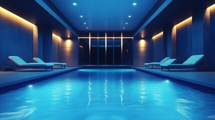 A luxurious indoor swimming pool with modern architecture, featuring floor-to-ceiling windows and illuminated blue water, a tranquil atmosphere of contemporary luxury at night.