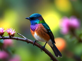 Fototapeta premium A colorful bird sits on a branch in the forest. 