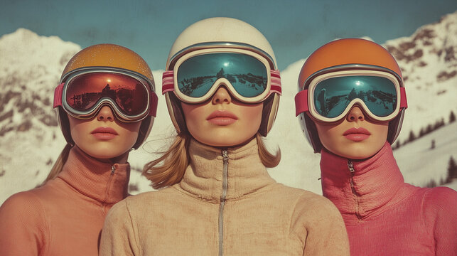 vintage portrait of beautiful women on the ski resort in the mountains 