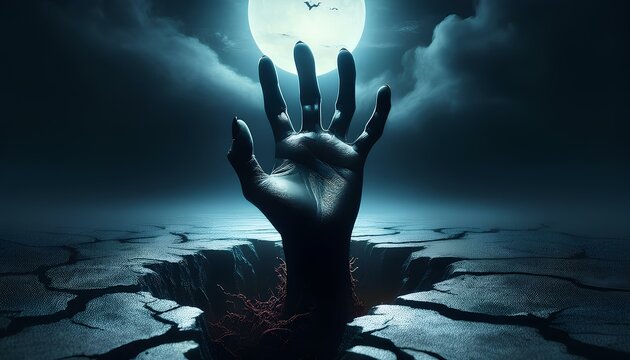 A dark black hand emerges from under the ground with a crack in the ground in a dark, scary and terrifying scene with moonlight in night mode.