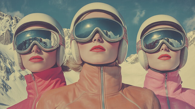 vintage portrait of beautiful women on the ski resort in the mountains 